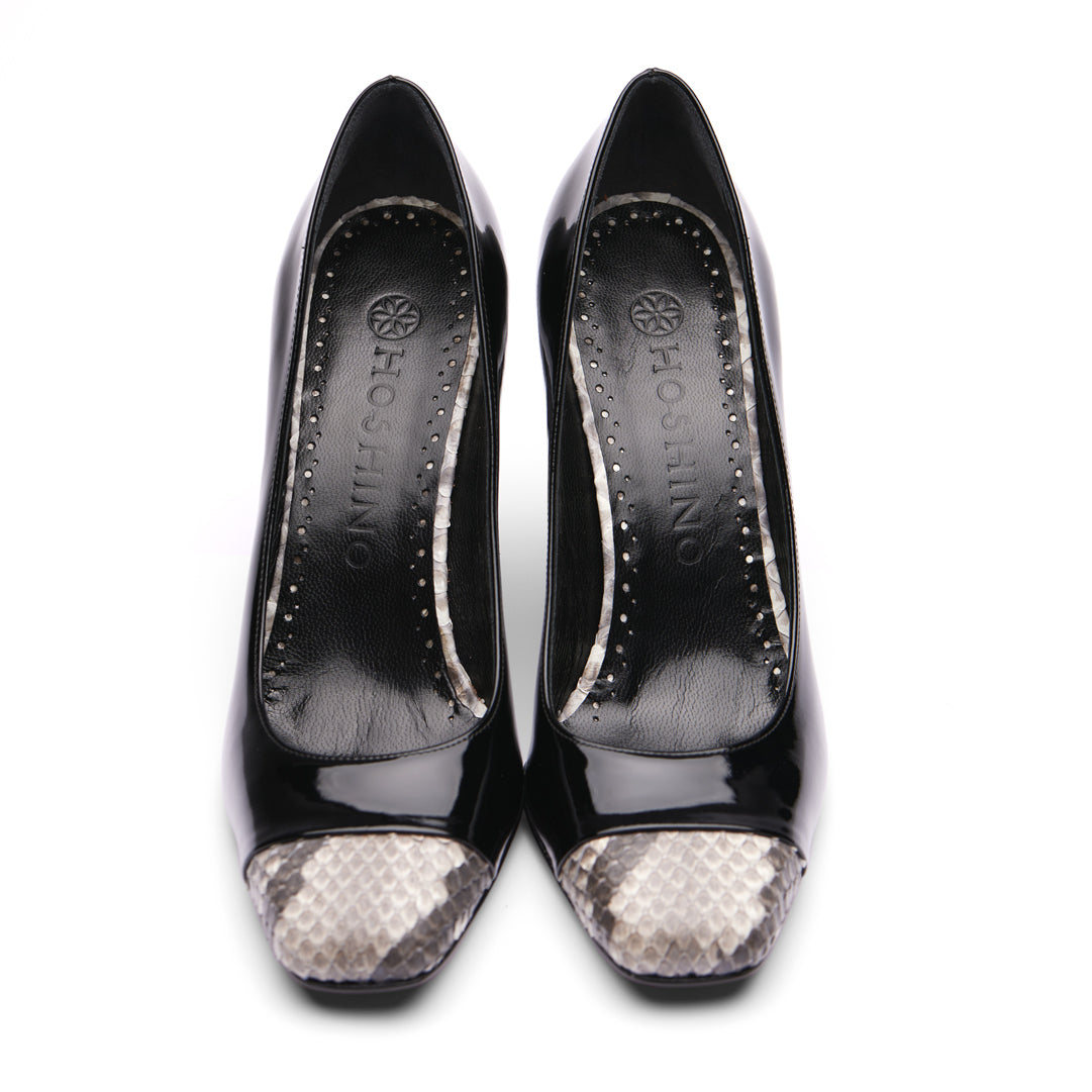 [women's] reunion - combination pumps - black patent leather x white python