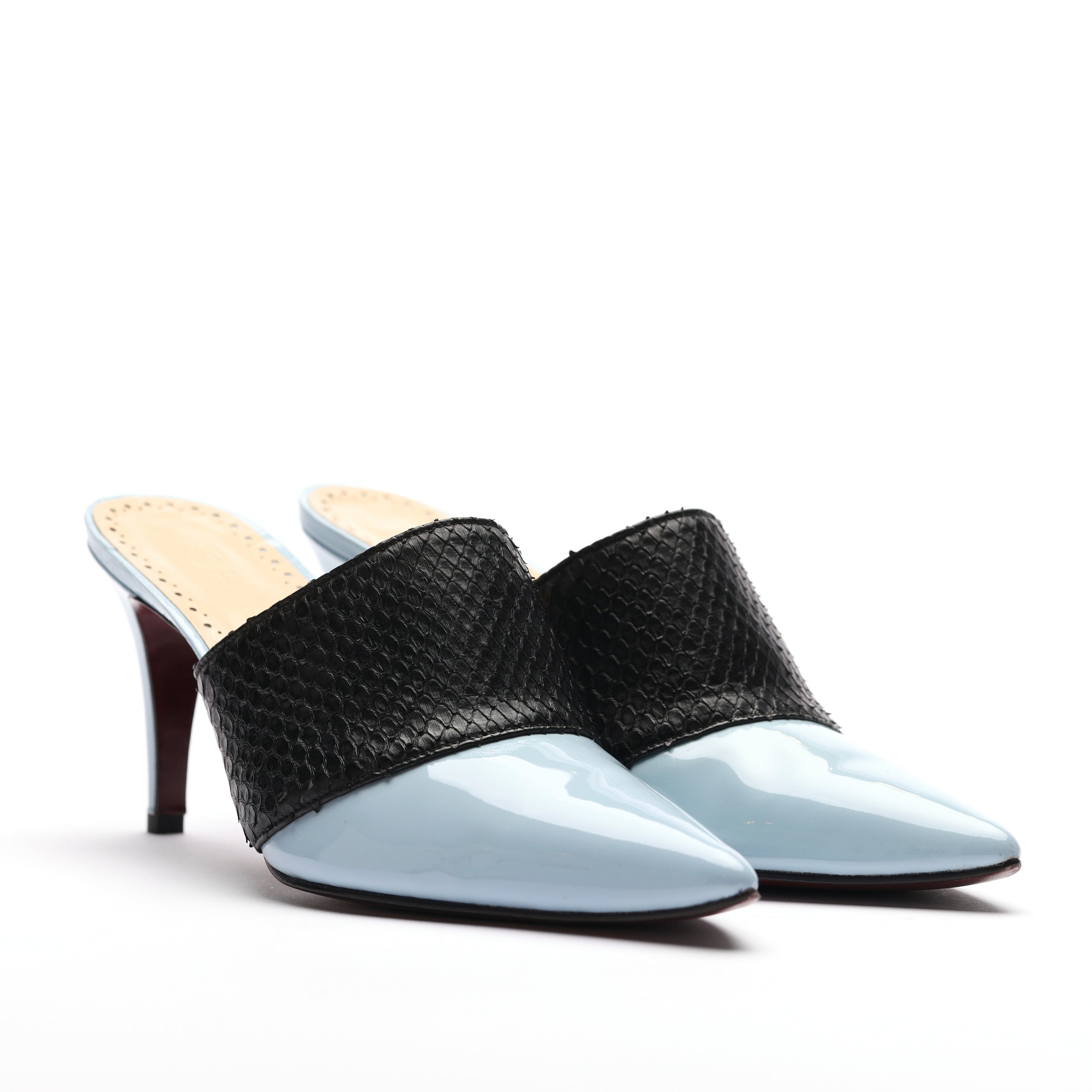 [women's] From Iris - combination mules - sky blue patent leather x black python