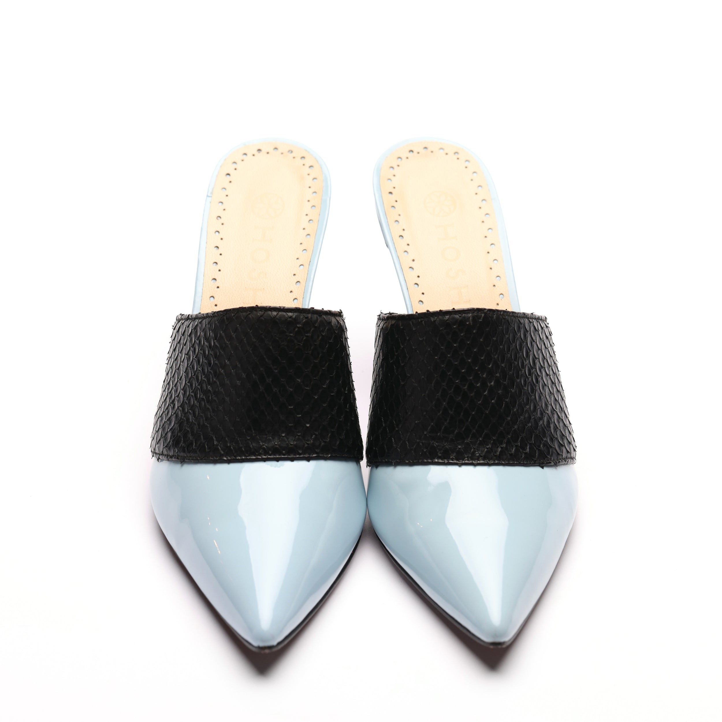 [women's] From Iris - combination mules - sky blue patent leather x black python