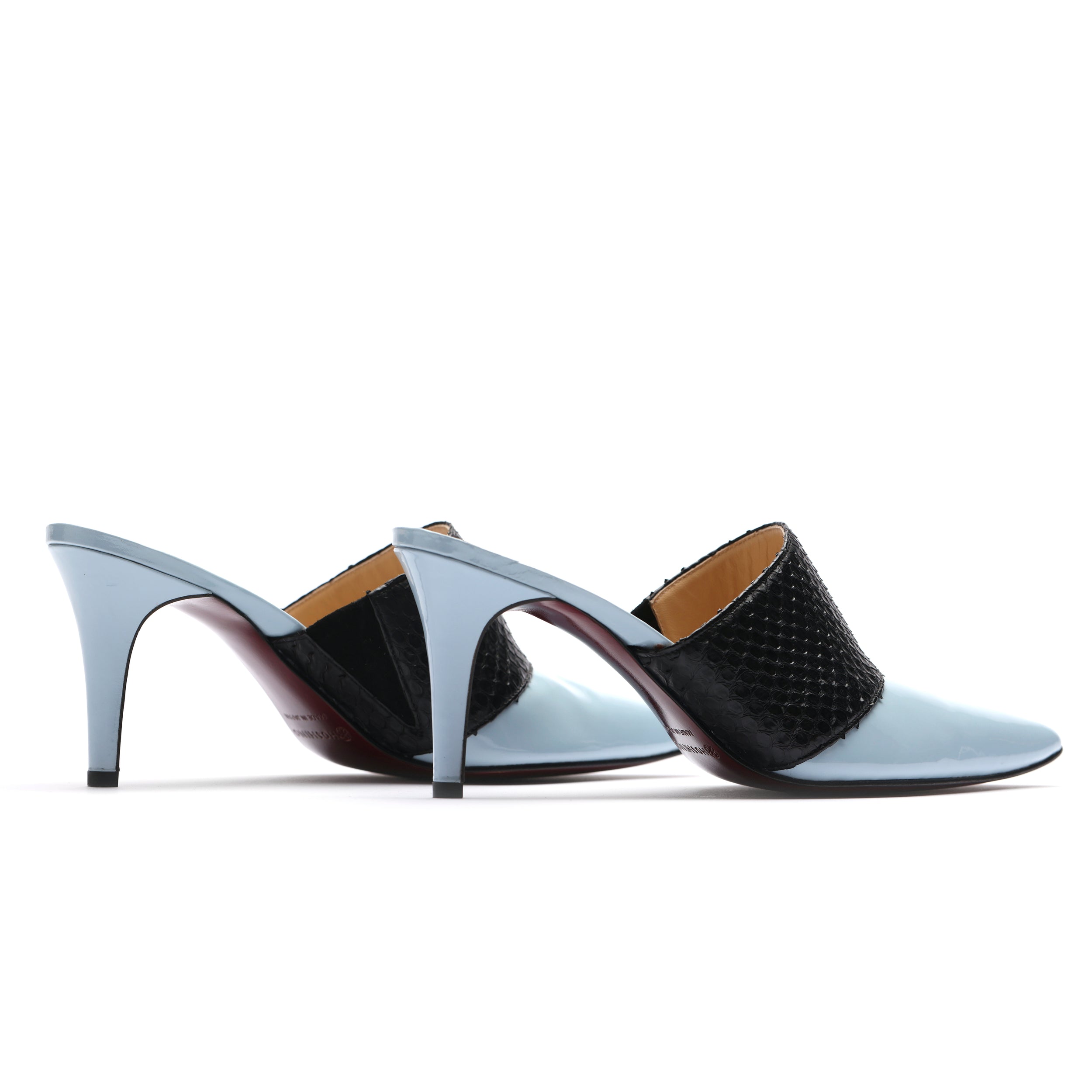 [women's] From Iris - combination mules - sky blue patent leather x black python