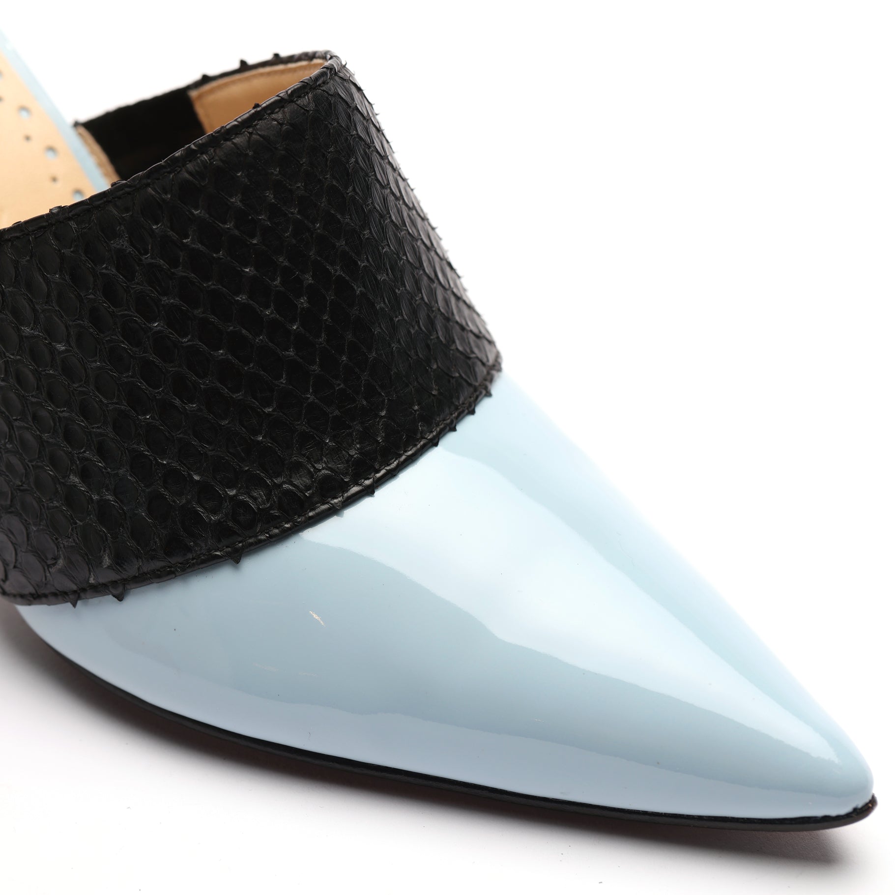 [women's] From Iris - combination mules - sky blue patent leather x black python