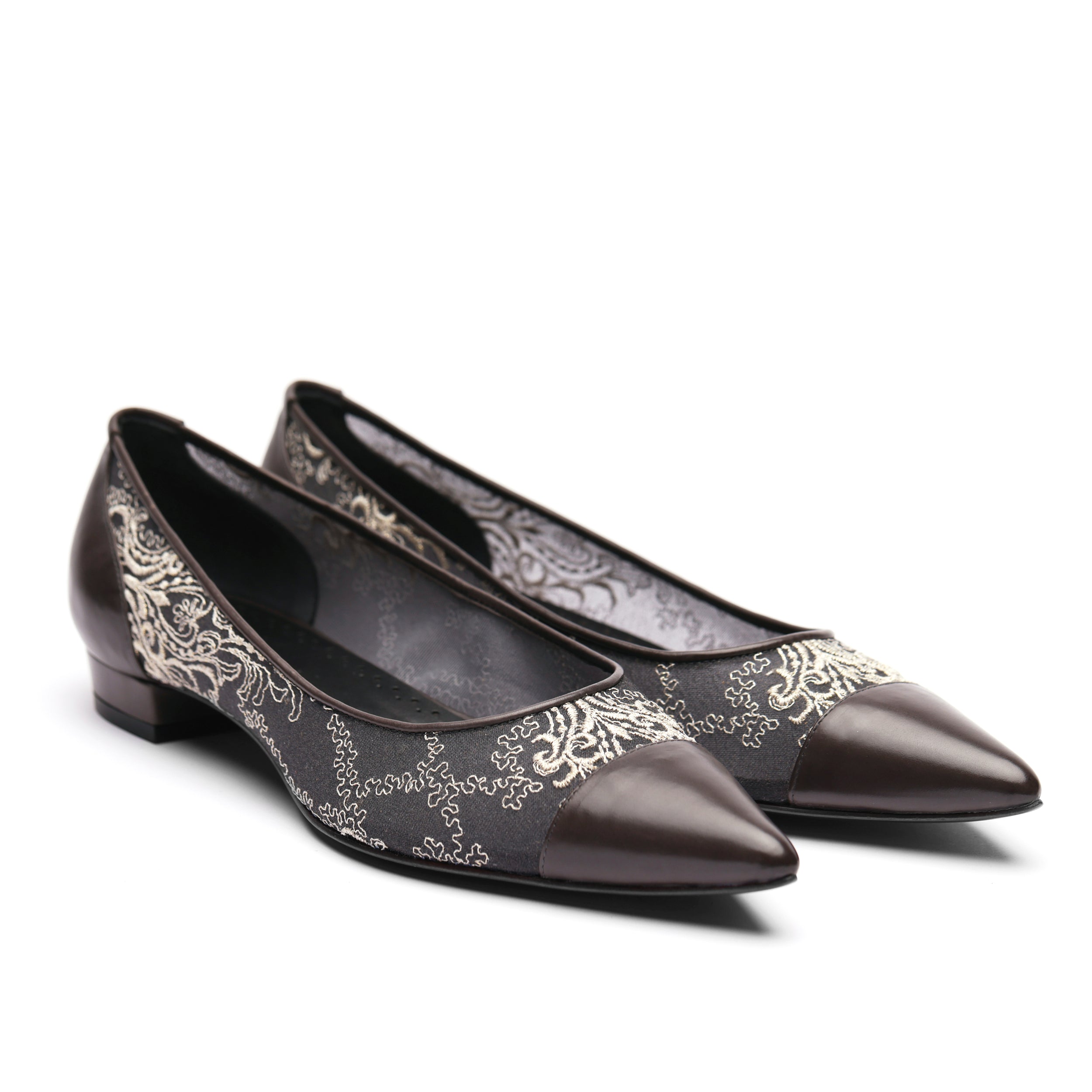 [women's] Reunion - quarter combination pumps - black lace x gray baby calfskin