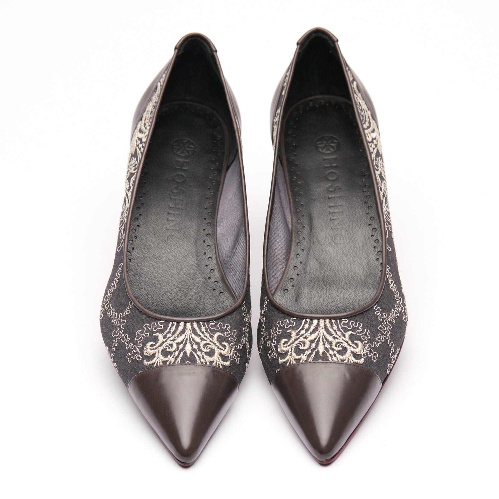 [women's] Reunion - quarter combination pumps - black lace x gray baby calfskin