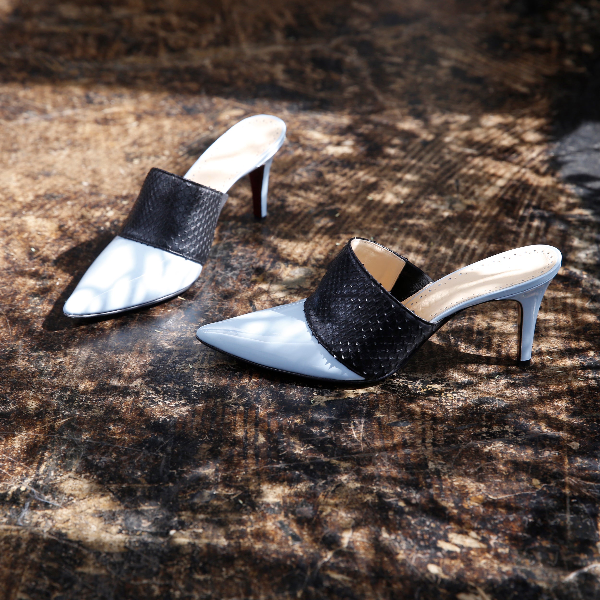 [women's] From Iris - combination mules - sky blue patent leather x black python